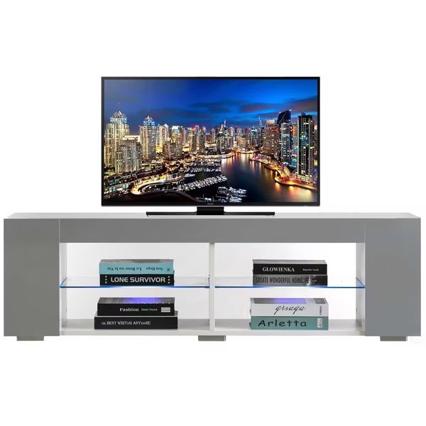 White Entertainment TV Stand with LED Lights and Glass Shelves with UV Frame, Basicwise, Mfr#: QI004417L